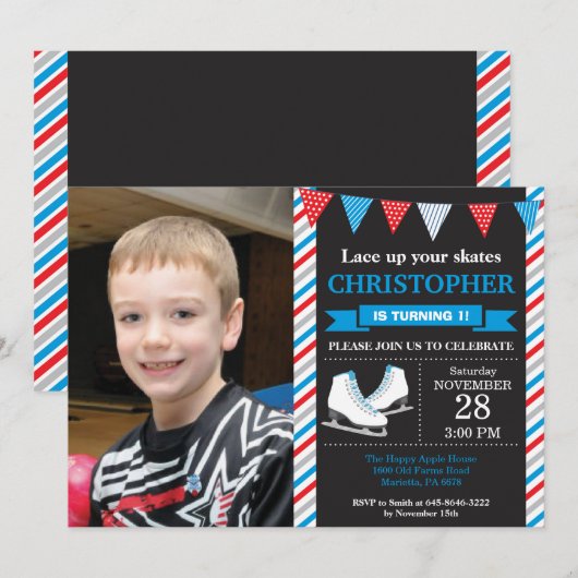 Ice Skating Birthday Invitation 1st Birthday Party Kaart (Voorkant / Achterkant)