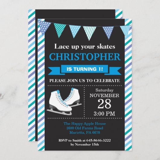 Ice Skating Birthday Invitation 1st Birthday Party Kaart (Voorkant / Achterkant)