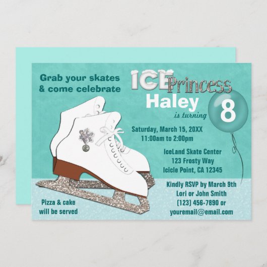 Ice Skating Birthday Invitation AQUA Ice Princess Kaart (Voorkant / Achterkant)
