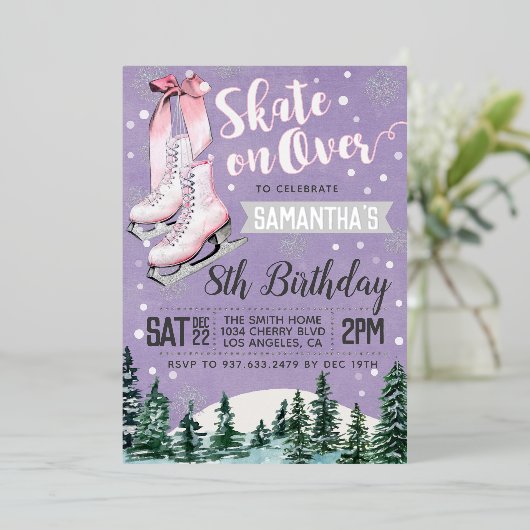 Ice Skating Birthday Invitation Folie Uitnodiging (Staand Voorkant)
