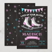 Ice Skating Birthday Invitation / Girl / Roze Blau Kaart (Voorkant / Achterkant)
