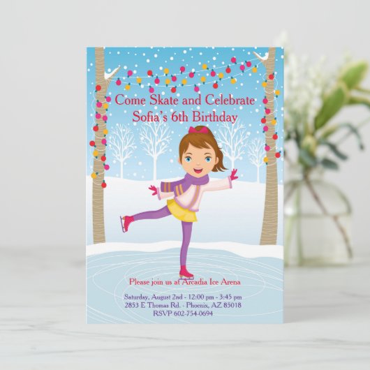 Ice Skating Birthday Invitation - Girls Kaart (Staand voorkant)