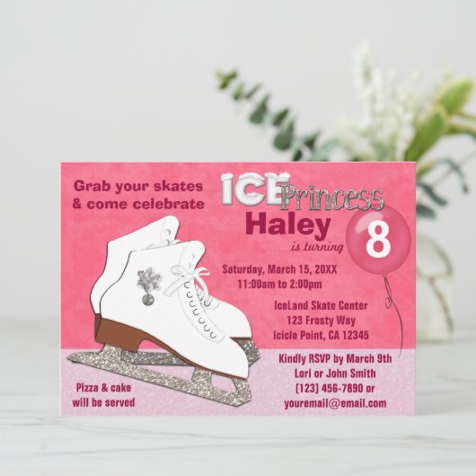 Ice Skating Birthday Invitation HOT PINK Princess Kaart (Staand voorkant)