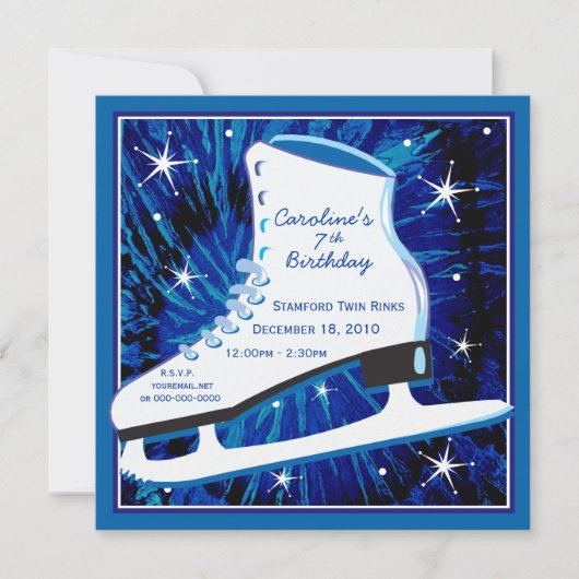 Ice Skating Birthday Invitation in Blue Kaart (Voorkant)