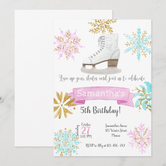Ice Skating Birthday Invitation Kaart (Voorkant / Achterkant)