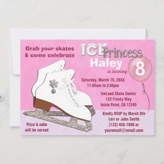 Ice Skating Birthday Invitation PINK Ice Princess Kaart (Voorkant)