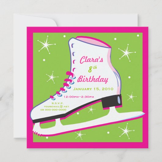 Ice Skating Birthday Invitation roze & Green Kaart (Voorkant)