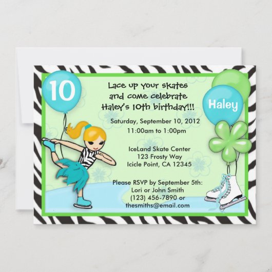 Ice Skating Birthday Invitation zebra print Kaart (Voorkant)