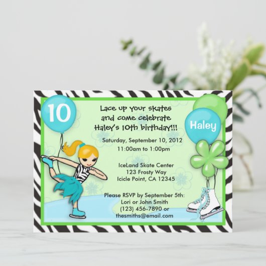 Ice Skating Birthday Invitation zebra print Kaart (Staand voorkant)
