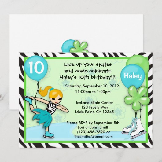 Ice Skating Birthday Invitation zebra print Kaart (Voorkant / Achterkant)