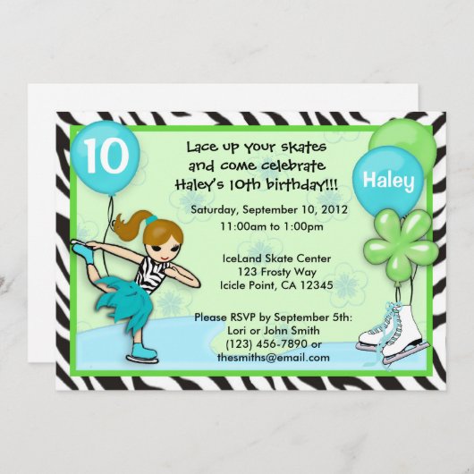 Ice Skating Birthday Invitation zebra print Kaart (Voorkant / Achterkant)