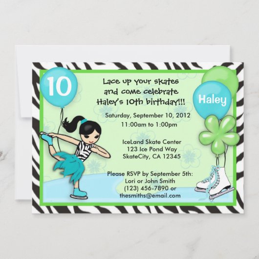 Ice Skating Birthday Invitation zebra print Kaart (Voorkant)