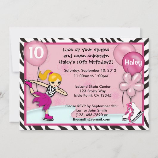 Ice Skating Birthday Invitation zebra print roze Kaart (Voorkant)