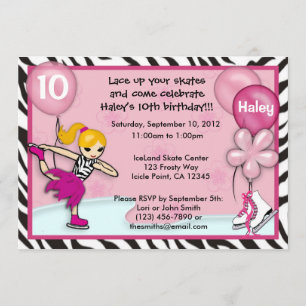 Ice Skating Birthday Invitation zebra print roze Kaart