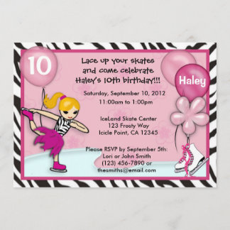 Ice Skating Birthday Invitation zebra print roze Kaart