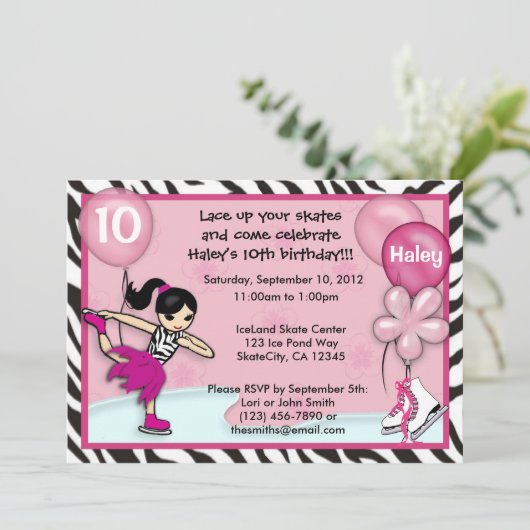 Ice Skating Birthday Invitation zebra print roze Kaart (Staand voorkant)