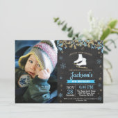 Ice Skating Birthday Party Blue Schaats Foto Kaart (Staand voorkant)