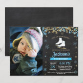 Ice Skating Birthday Party Blue Schaats Foto Kaart (Voorkant / Achterkant)