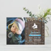 Ice Skating Birthday Party Blue Schaats Foto Kaart (Staand voorkant)