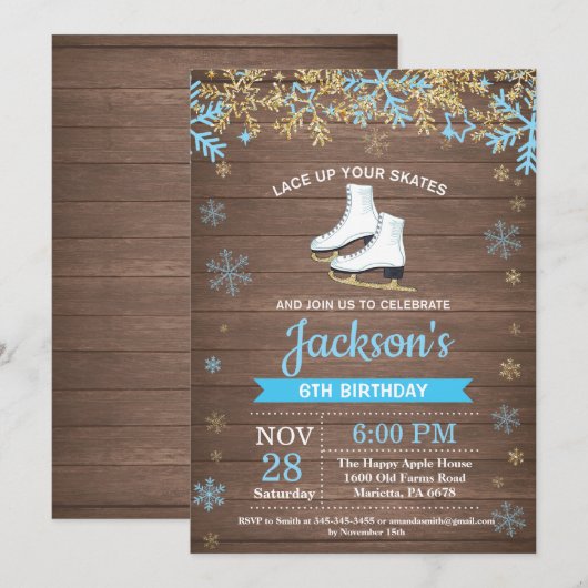 Ice Skating Birthday Party Blue Schaats Invitation Kaart (Voorkant / Achterkant)
