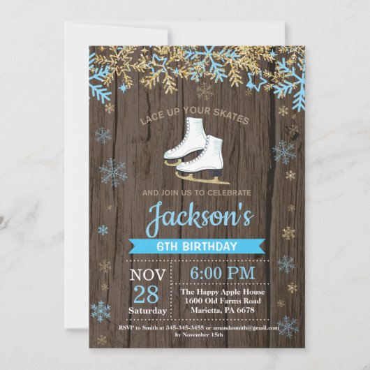 Ice Skating Birthday Party Blue Schaats Invitation Kaart (Voorkant)