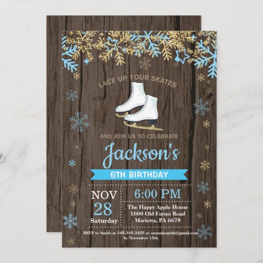 Ice Skating Birthday Party Blue Schaats Invitation Kaart (Voorkant / Achterkant)