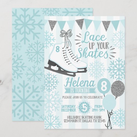 Ice Skating Birthday Party Invitation Invite Kaart (Voorkant / Achterkant)