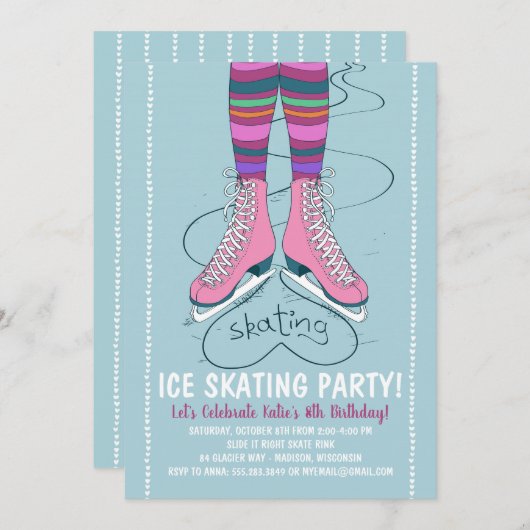 Ice Skating Birthday Party Invitation Kaart (Voorkant / Achterkant)