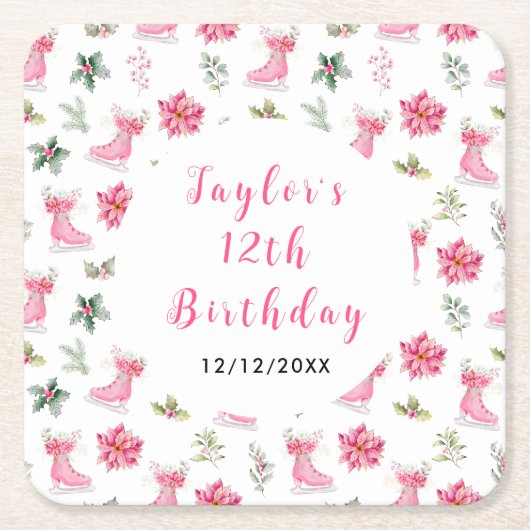 Ice Skating Birthday Party Pink Kartonnen Onderzetters (Voorkant)