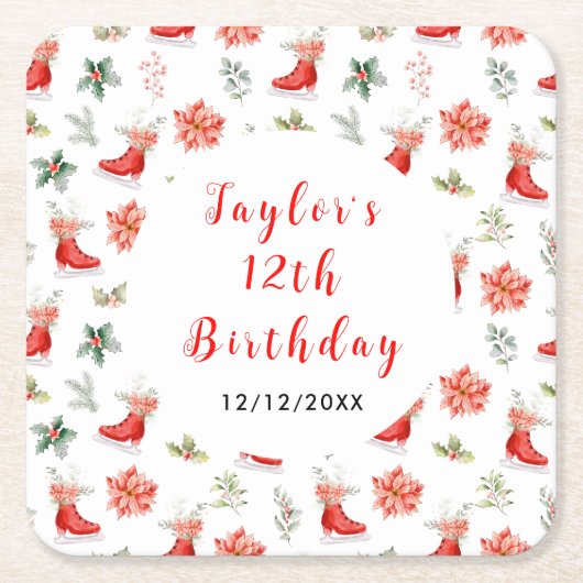 Ice Skating Birthday Party Red Kartonnen Onderzetters (Voorkant)