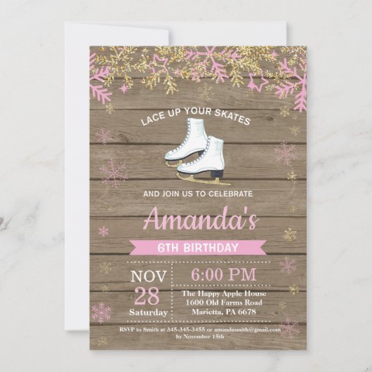 Ice Skating Birthday Party roze Schaats Invitation Kaart (Voorkant)