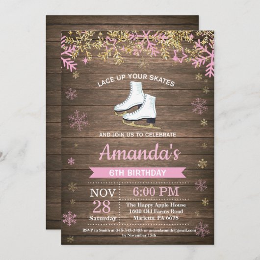 Ice Skating Birthday Party roze Schaats Invitation Kaart (Voorkant / Achterkant)