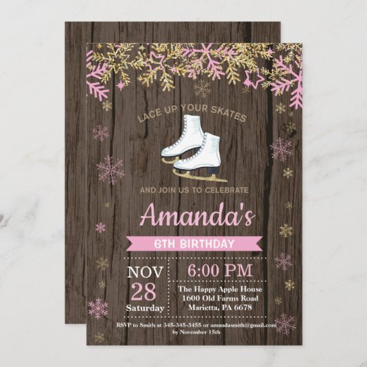 Ice Skating Birthday Party roze Schaats Invitation Kaart (Voorkant / Achterkant)
