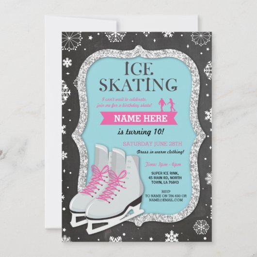 Ice Skating Birthday Party Snowflake Chalk Invite Kaart (Voorkant)
