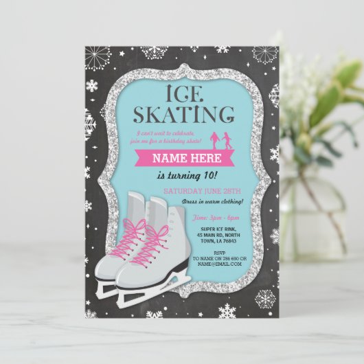 Ice Skating Birthday Party Snowflake Chalk Invite Kaart (Staand voorkant)