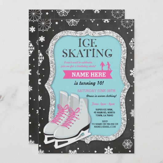 Ice Skating Birthday Party Snowflake Chalk Invite Kaart (Voorkant / Achterkant)