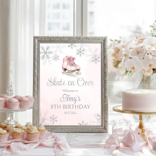 Ice Skating Birthday Silver Snowflakes Welcome Poster