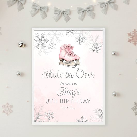 Ice Skating Birthday Silver Snowflakes Welcome Poster