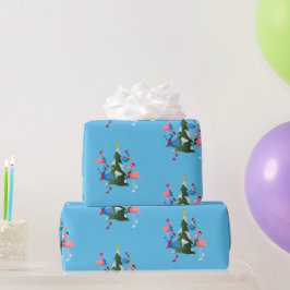 Ice Skating Flamingos met Kerstmis met Kerstmis Cadeaupapier