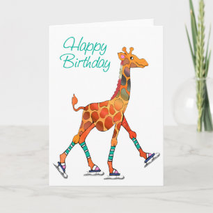 Ice Skating Giraffe Birthday Kaart