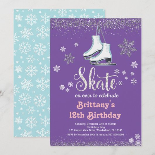 Ice Skating Girl Birthday Party Invitation (Voorkant / Achterkant)