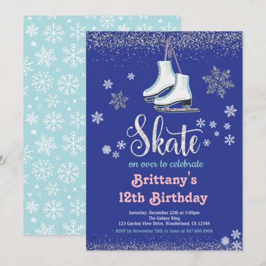Ice Skating Girl Birthday Party Invitation (Voorkant / Achterkant)