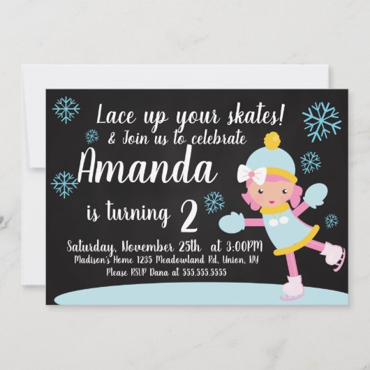 Ice Skating Girl's Birthday Blue Snowflakes Party Kaart (Voorkant)
