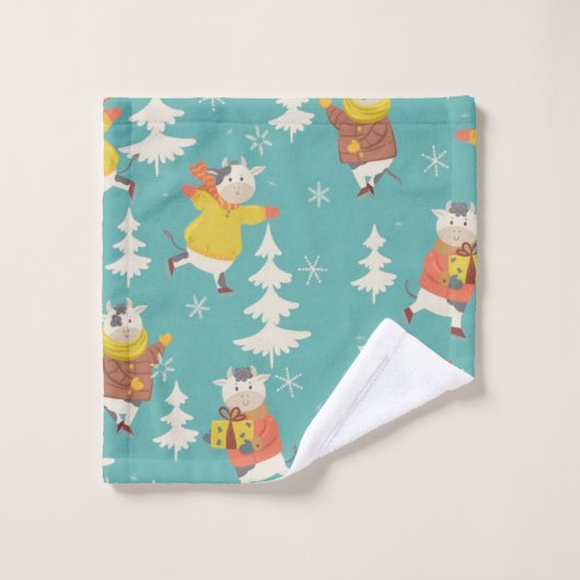 Ice Skating Koe kerstpatroon Bad Handdoek (Wasdoekje)