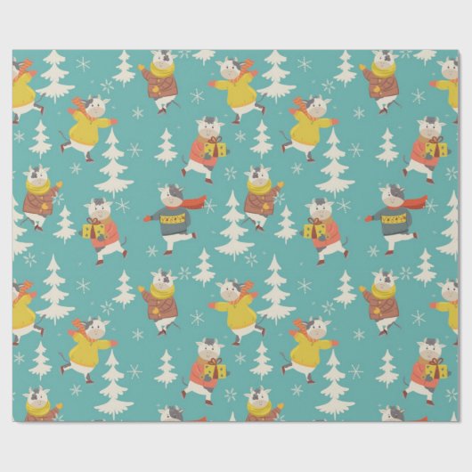 Ice Skating Koe kerstpatroon Cadeaupapier (Vlak)