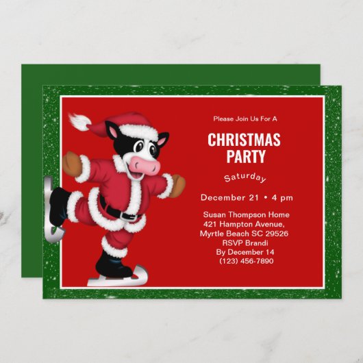 Ice Skating Koe - Uitnodiging voor kerstfeest (Voorkant / Achterkant)