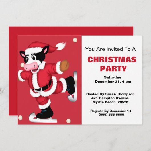 Ice Skating Koe - Uitnodiging voor kerstfeest (Voorkant / Achterkant)