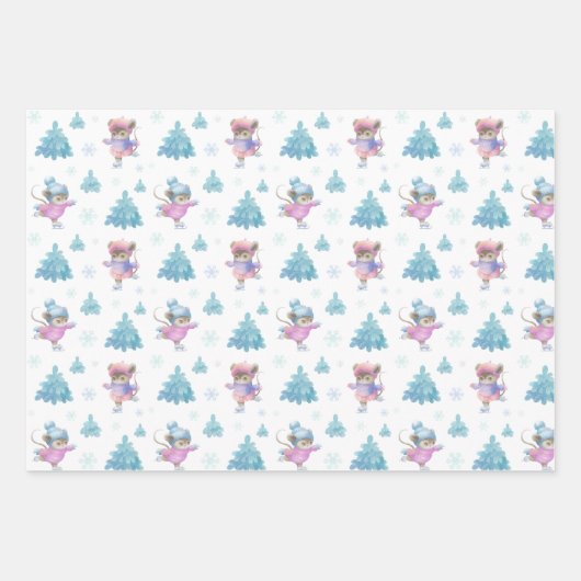 Ice Skating Mice Pastel Waterverf 3 Kerstmis Inpakpapier Vel (Voorkant)