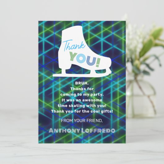 Ice Skating Neon Glow Boys Birthday Party Bedankkaart (Staand voorkant)