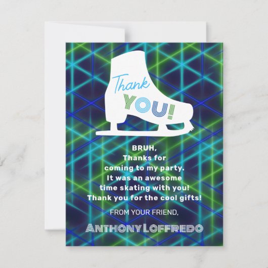 Ice Skating Neon Glow Boys Birthday Party Bedankkaart (Voorkant)